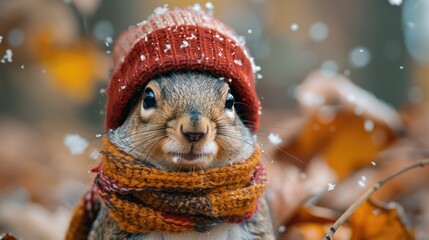 Fototapeta premium Adorable squirrel in winter hat and scarf amidst falling snow.