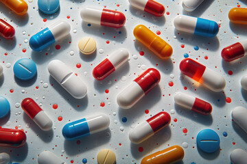 Colorful Capsules and Tablets Scattered on Textured Surface