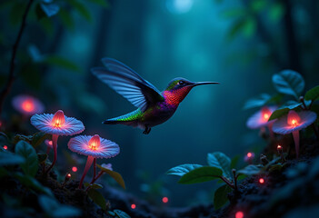 A vibrant hummingbird hovers near glowing bioluminescent mushrooms in a mystical dark forest.
