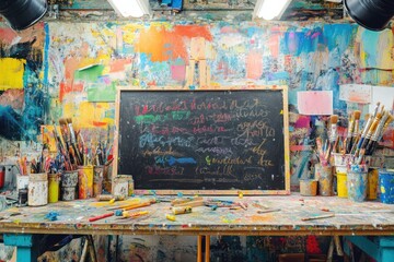 Vibrant Creative Workspace with Colorful Chalkboard Surrounded by Art Supplies and Tools on a Bright and Inspiring Desk for Fun Artistic Projects