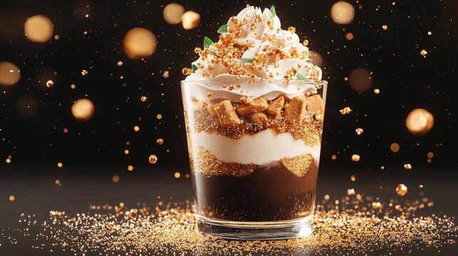 Indulge in a decadent dessert drink topped with whipped cream, chocolate flakes, and crispy toppings, served in a stylish glass on a sparkling background.