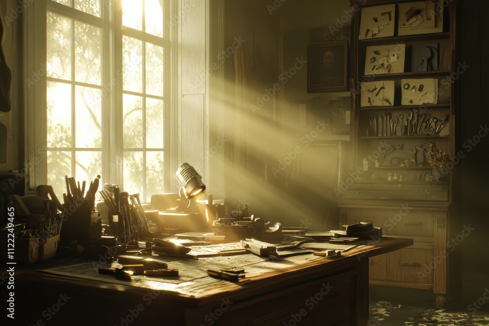 Poster warm ambient light casting glow across a workshop desk with scattered tools and a cozy atmosphere in