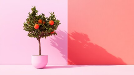Fototapeta premium A vibrant potted citrus tree with oranges against a pink background, creating a lively and fresh aesthetic.