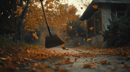 Autumn Leaves Sweeping on Pathway Near Old House in Sunrise Light