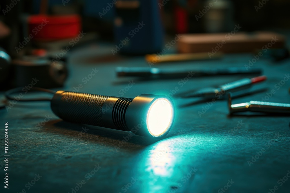 Poster warm glow of a flashlight illuminates a workshop desk surrounded by scattered tools, creating a cozy
