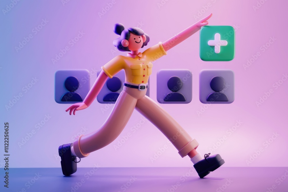 Aufkleber 3d illustration of a cartoon character adding a new member to a group.