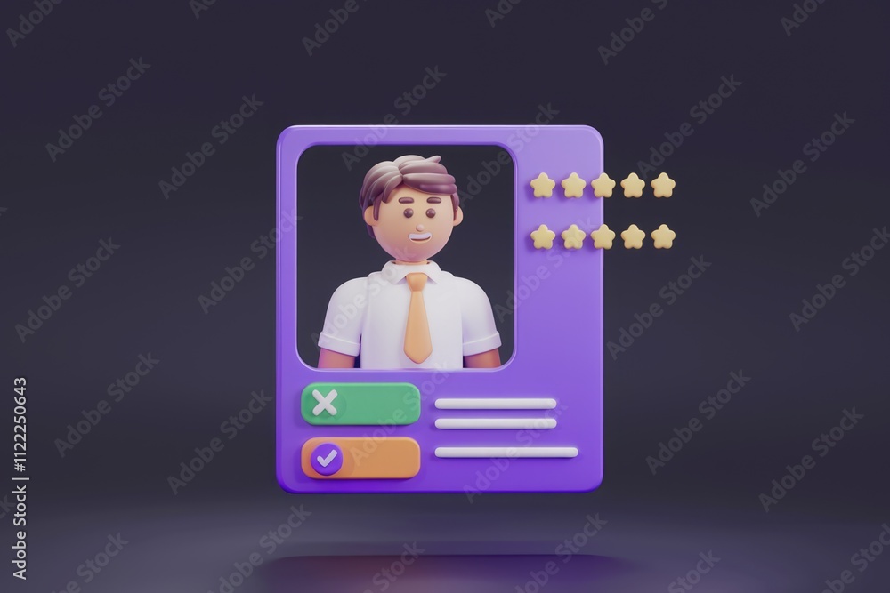 Poster 3D illustration of a user profile with a five-star rating and selection options.