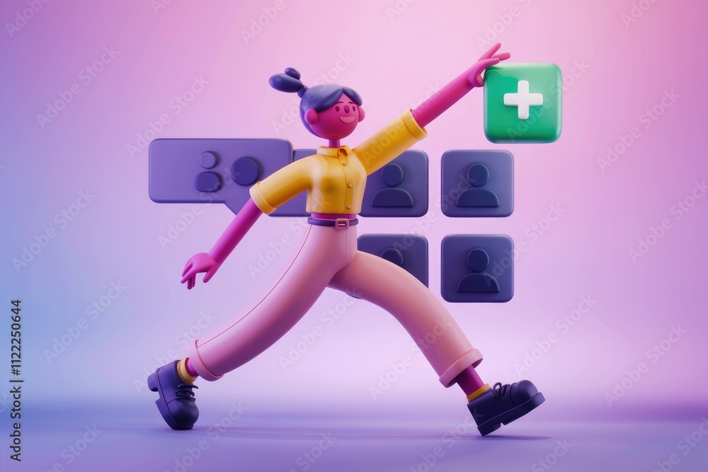 Poster 3d cartoon character adding a new contact to social media profile.