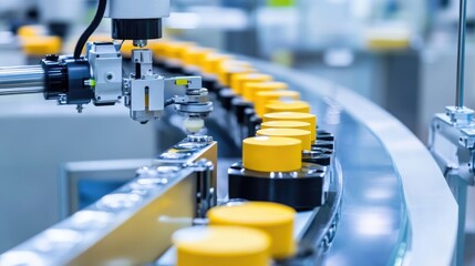Fototapeta premium Robotic Arm Handling Yellow Cylindrical Products on Production Line