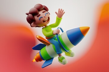 Obraz premium A cheerful cartoon boy joyfully rides a colorful rocket, soaring through the sky.