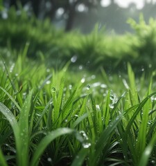Obraz premium Tall blades of green grass swaying gently in the wind with raindrops on the leaves , gentle, sway, tall