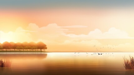 Obraz premium Serene landscape at sunset with calm water and distant trees.