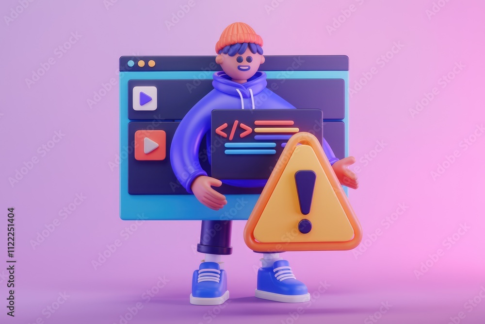 Poster 3d illustration of a cartoon character encountering a website error.