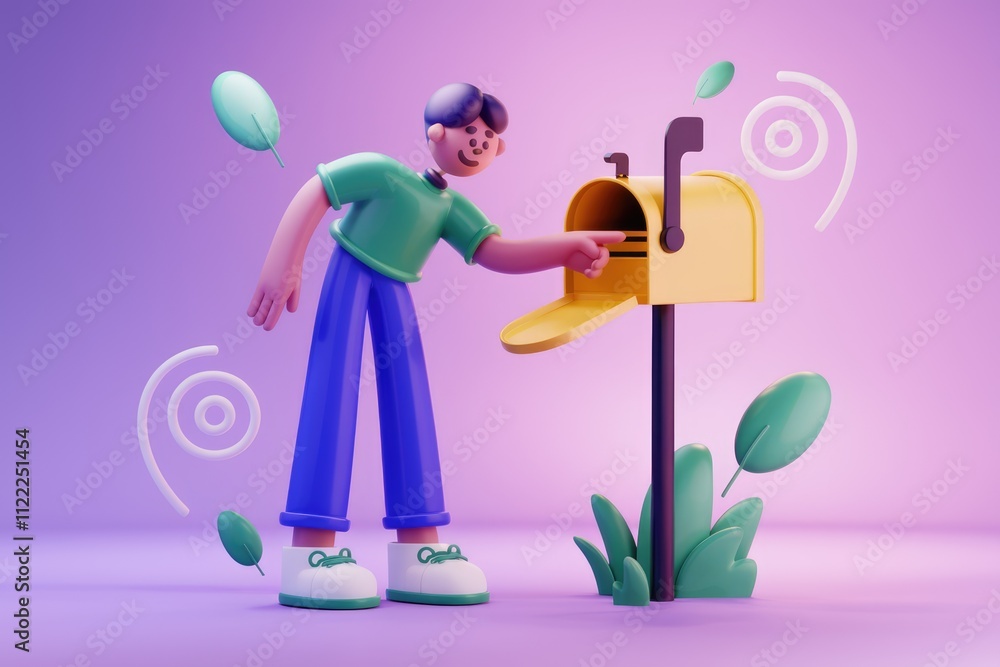Aufkleber a 3d cartoon character interacts with a yellow mailbox, symbolizing communication and correspondence