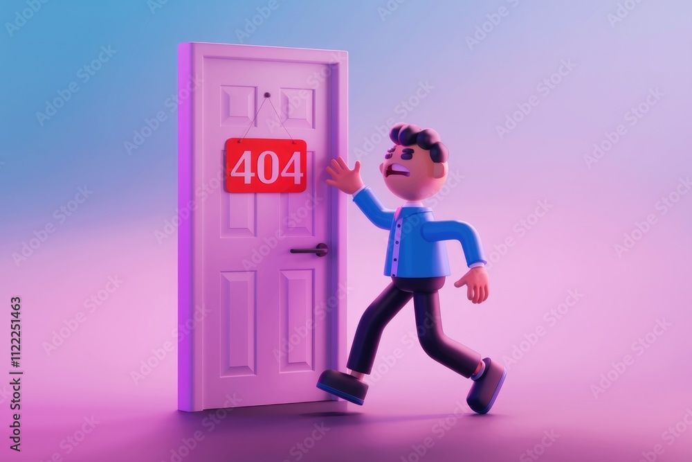 Aufkleber a 3d cartoon man runs away from a door with a 404 error sign.