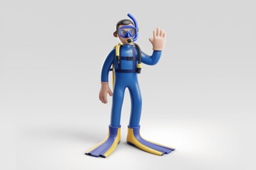 Fototapeta premium A 3D cartoon diver waves hello, wearing scuba gear and flippers.