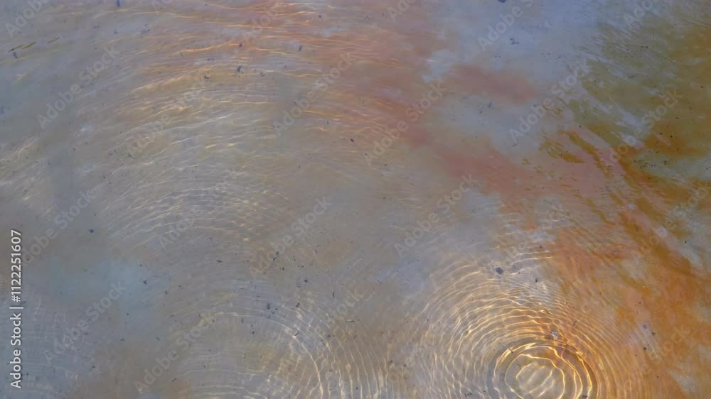 Poster top view of raindrops creating ripples on a water surface with orange sediment, reflecting environme