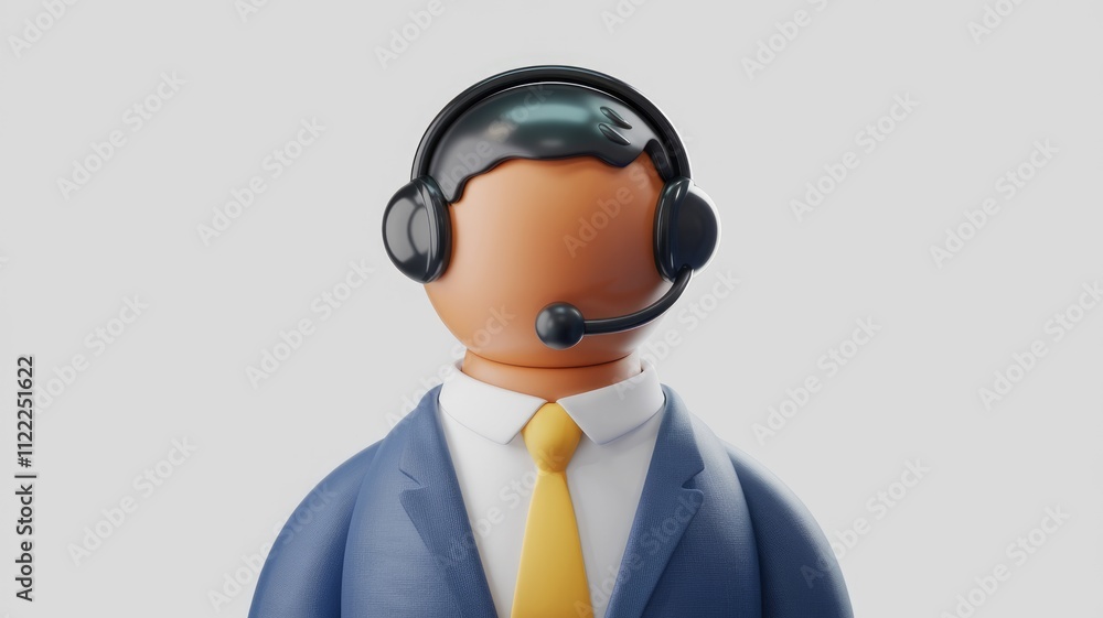 Poster a 3d rendered image of a customer service representative wearing a headset and suit.