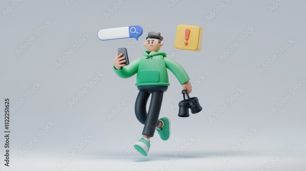 Poster a 3d cartoon character uses a smartphone to search, indicating an alert and carrying binoculars.