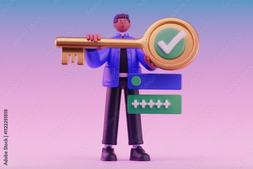 Poster 3D cartoon character holding a large golden key with a checkmark, symbolizing secure access and password protection.