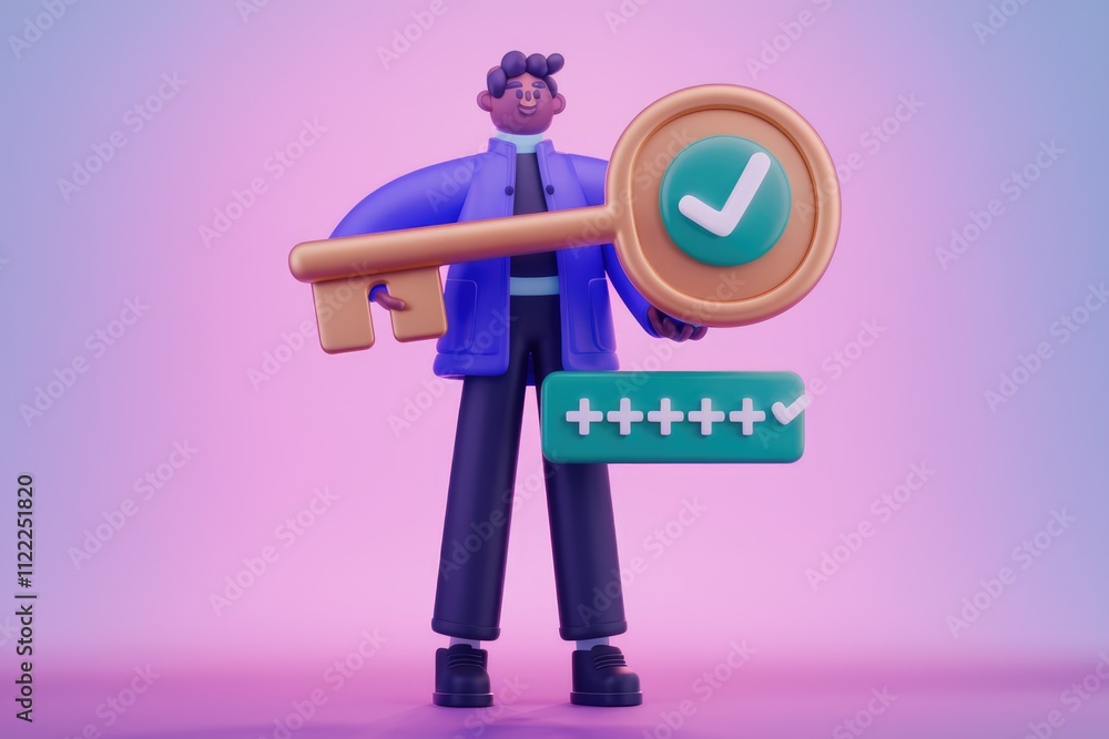 Poster 3d illustration of a person holding a large key with a checkmark, symbolizing successful login or ac