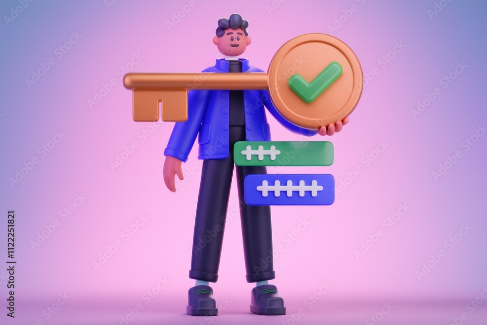 Poster 3D cartoon character holding a large key with a checkmark, symbolizing secure access and verified login.