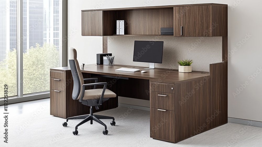 Poster modern office desk setup with computer and natural light