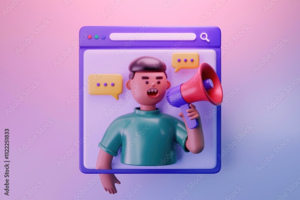 Poster 3d cartoon character announces message through a megaphone on a website.