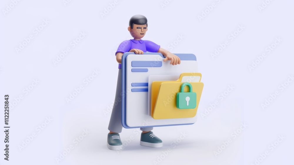 Poster 3d illustration of a person holding a secured digital folder, representing data protection and onlin