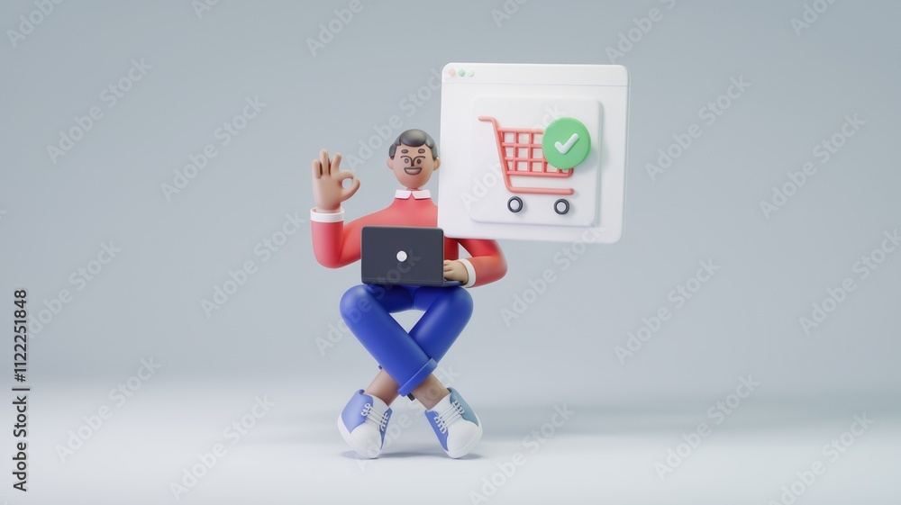 Poster happy 3d man using laptop for online shopping, showing okay gesture with a checked shopping cart on 