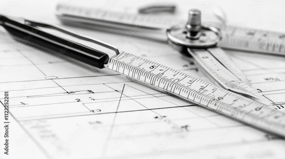 Poster precision drawing instruments on architectural blueprint background