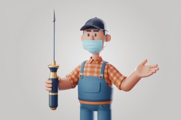 A 3D cartoon repairman wearing a mask holds a screwdriver, offering help.