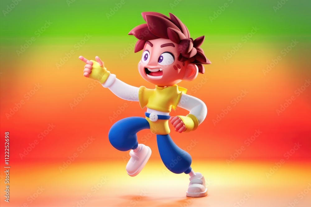 Poster a joyful 3d animated boy in dynamic pose, pointing excitedly.