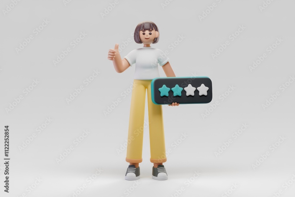 Poster 3d cartoon character showing four stars rating with thumbs up, expressing positive feedback and sati