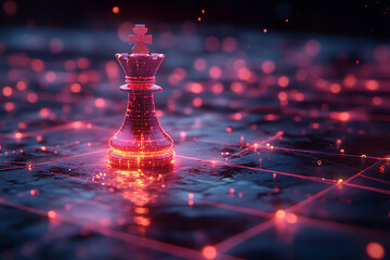 A luminous chess king piece at the center of vibrant digital connections, symbolizing strategy and intelligence in a futuristic, cybernetic setting