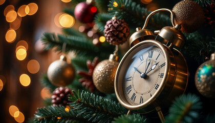 A clock counting down to midnight with festive Christmas and New Year's Eve decorations intertwined