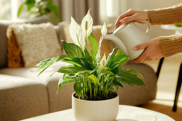 Woman pouring water into pot with spathiphyllum at home