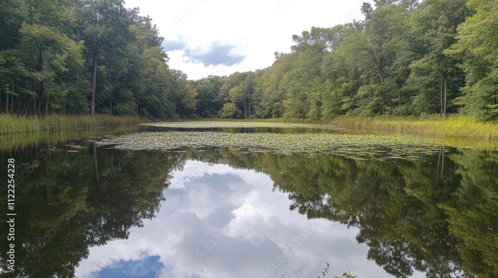 Poster serene reflection of trees and clouds on a tranquil lake surface