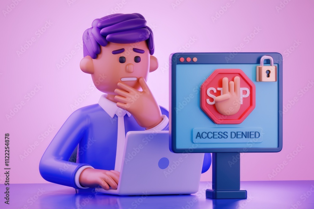 Poster a 3d cartoon character faces an 'access denied' message on their laptop screen, expressing frustrati