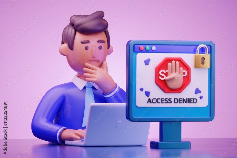 Aufkleber a 3d cartoon businessman faces an 'access denied' message on his computer screen, expressing concern