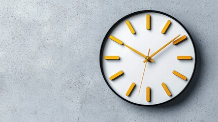 Modern Wall Clock with Bright Yellow Hands and Markers Against a Textured Grey Background for Stylish Interior Decoration