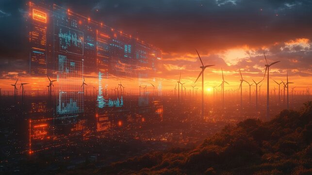 A digital screen displaying financial data with wind turbines and solar panels in the background.