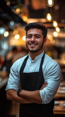 Fototapeta premium young male smiling latin waiter working in a restaurant cafe bar city portrait, photography