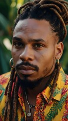Trendy Tropical Vibes: Man with High Bun and Vibrant Dreadlock Style