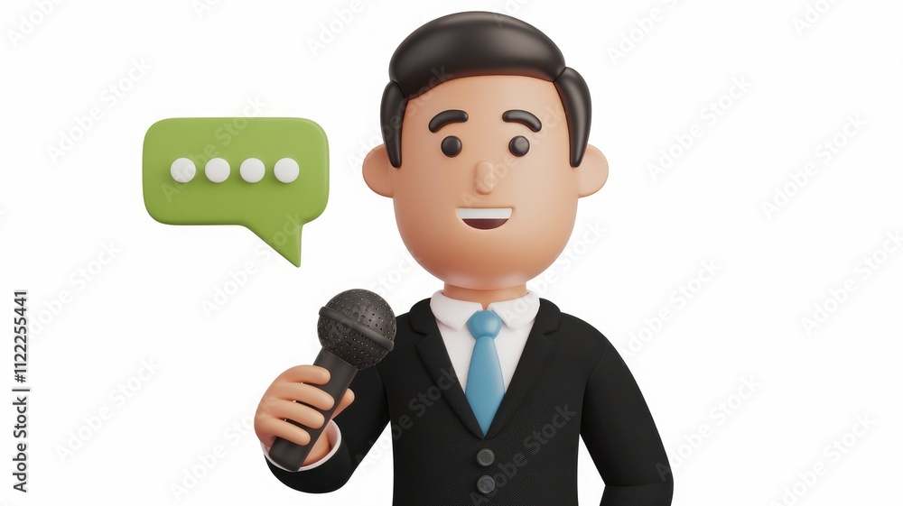 Poster a 3d cartoon businessman speaks into a microphone with a speech bubble indicating communication.