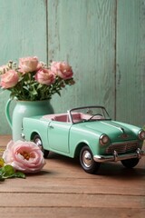 Handcrafted Wooden Vintage Car: A Delightful Miniature in Soft Mint Blue and Retro Pink, with Floral Details and Space for Text or Product Display