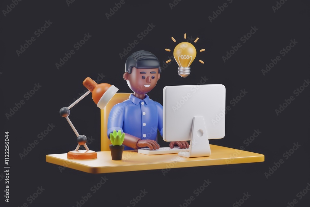 Poster A 3D illustration of a person working on a computer, illuminated by a desk lamp, with a lightbulb symbolizing a new idea.