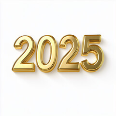 3D rendered '2025' in gold on a white background, elegant design with light reflections