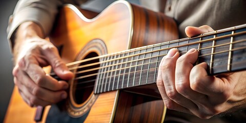 Obraz premium Skilled musician plays acoustic guitar in a cozy indoor setting during an evening performance