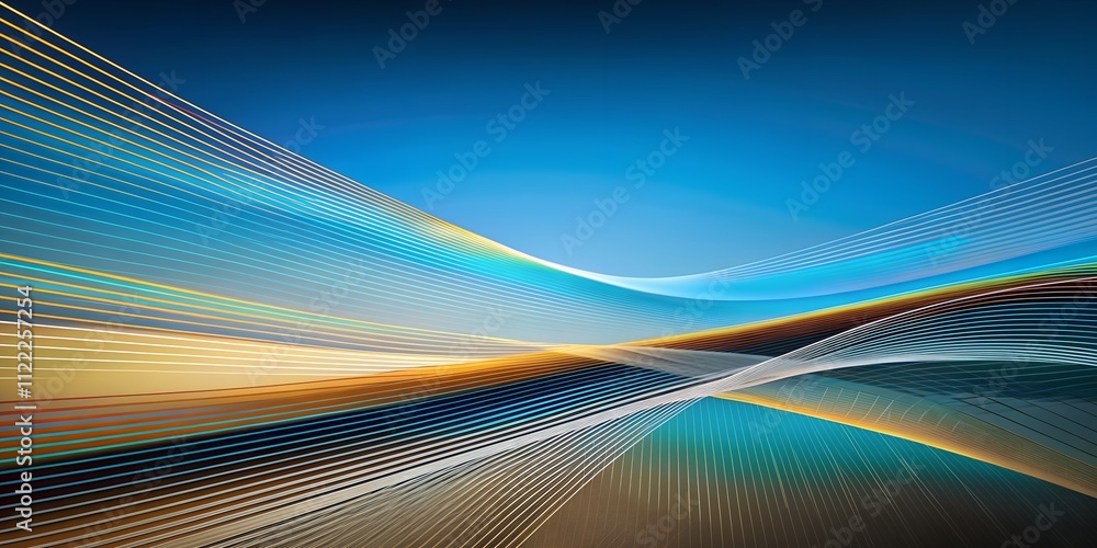 Poster colorful wave patterns flow across a bright blue sky, creating a dynamic and vibrant abstract landsc